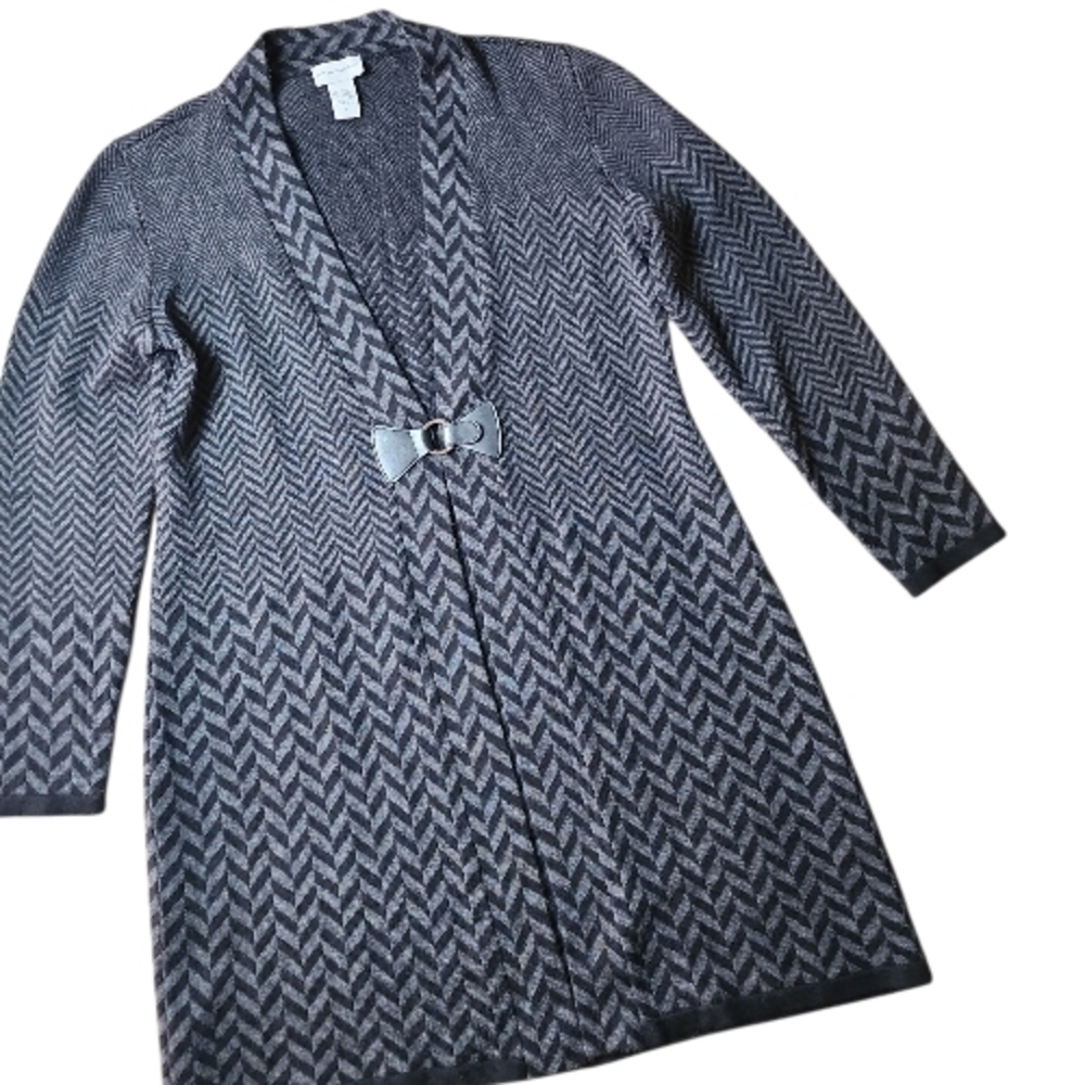 SOFT SURROUNDINGS | Wool Blend Chevron Longline Duster Cardigan Gray‎ Black | L - Picture 2 of 11
